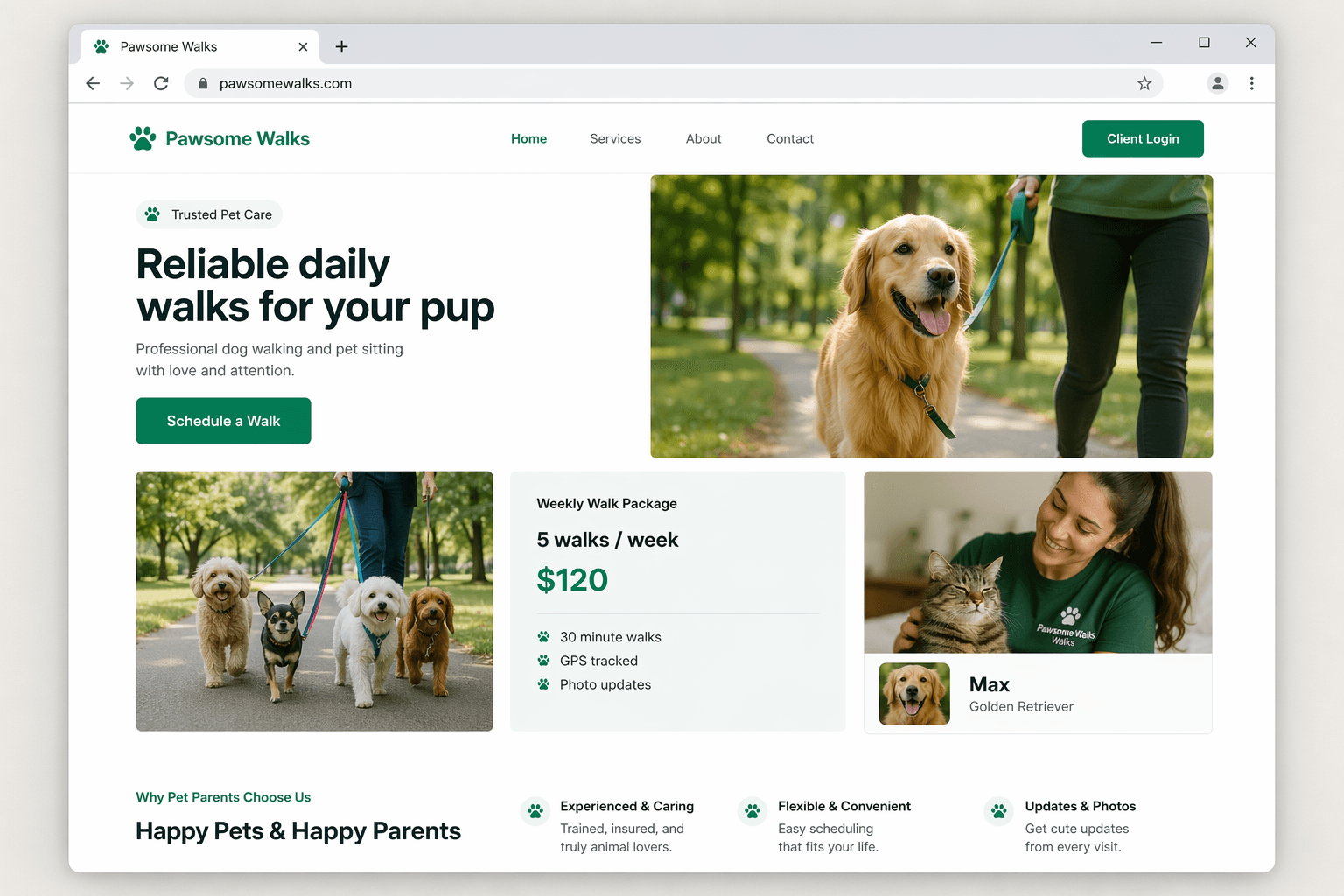 Professional dog walking website built with Ruunly showing service area, weekly packages, and booking form