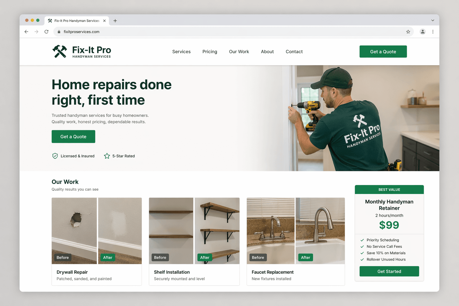 Professional handyman services website built with Ruunly showing service list, booking form, and portfolio