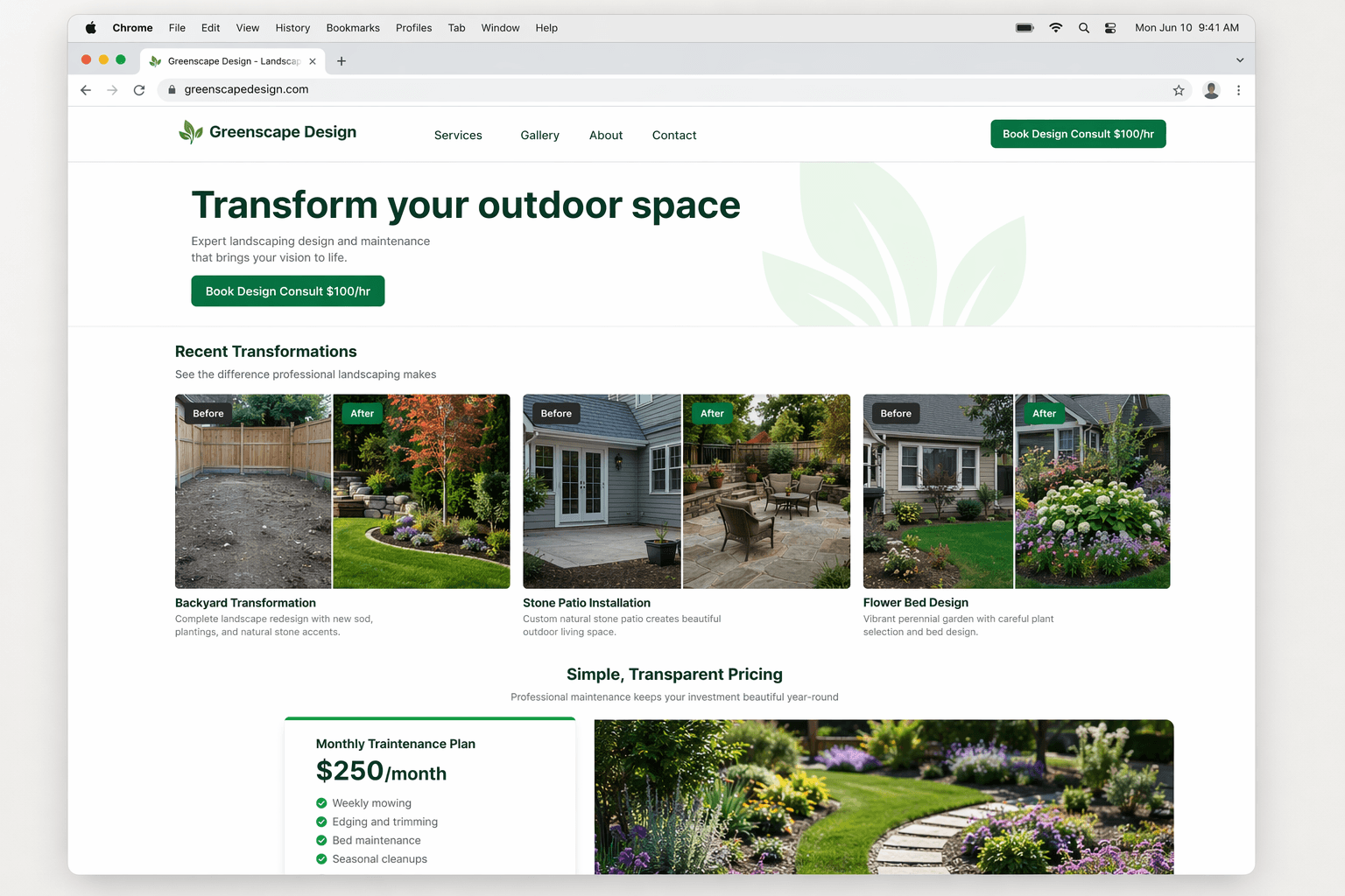 Professional landscaping website built with Ruunly showing portfolio, design consultation booking, and maintenance plans