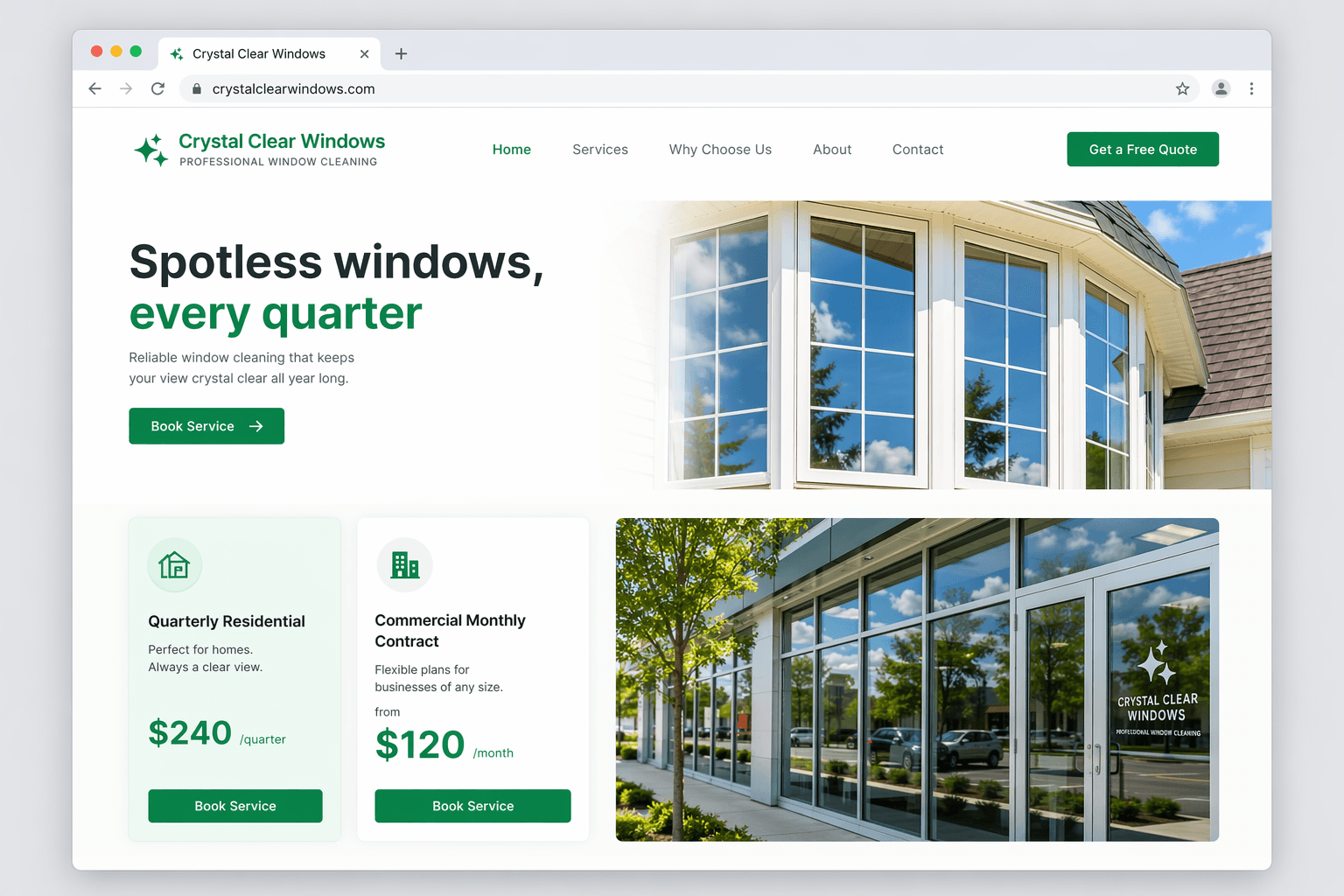 Professional window cleaning website built with Ruunly showing residential and commercial service plans