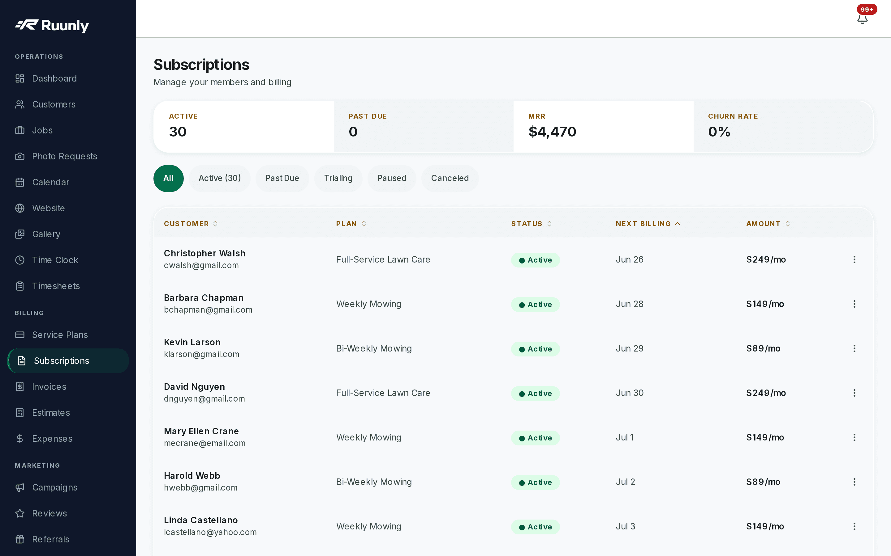 Ruunly billing dashboard showing active subscriptions, a recent invoice for lawn care service, and the failed-payment recovery panel