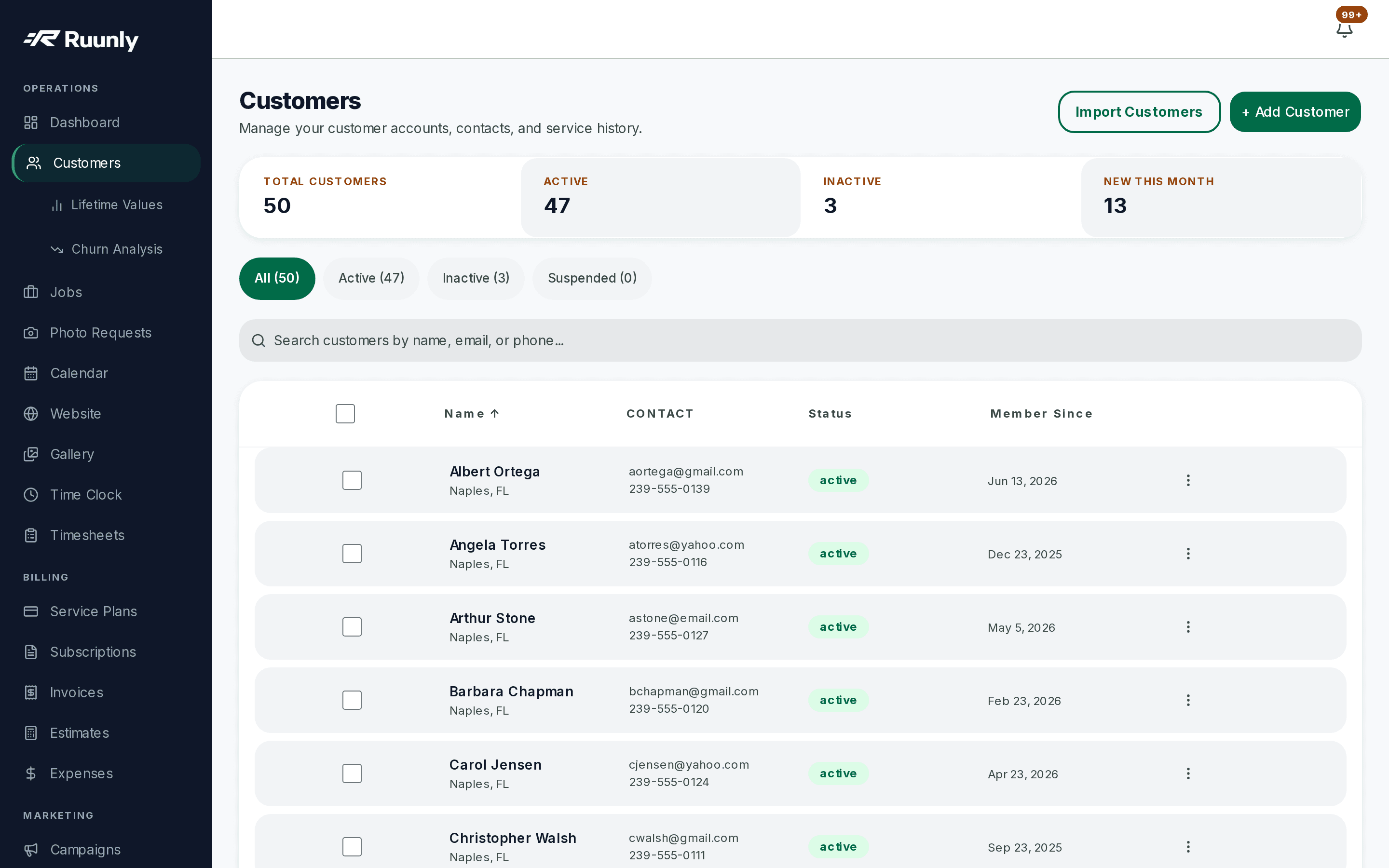Ruunly customers page listing client names, plan status, lifetime value, and last-payment date in a sortable table