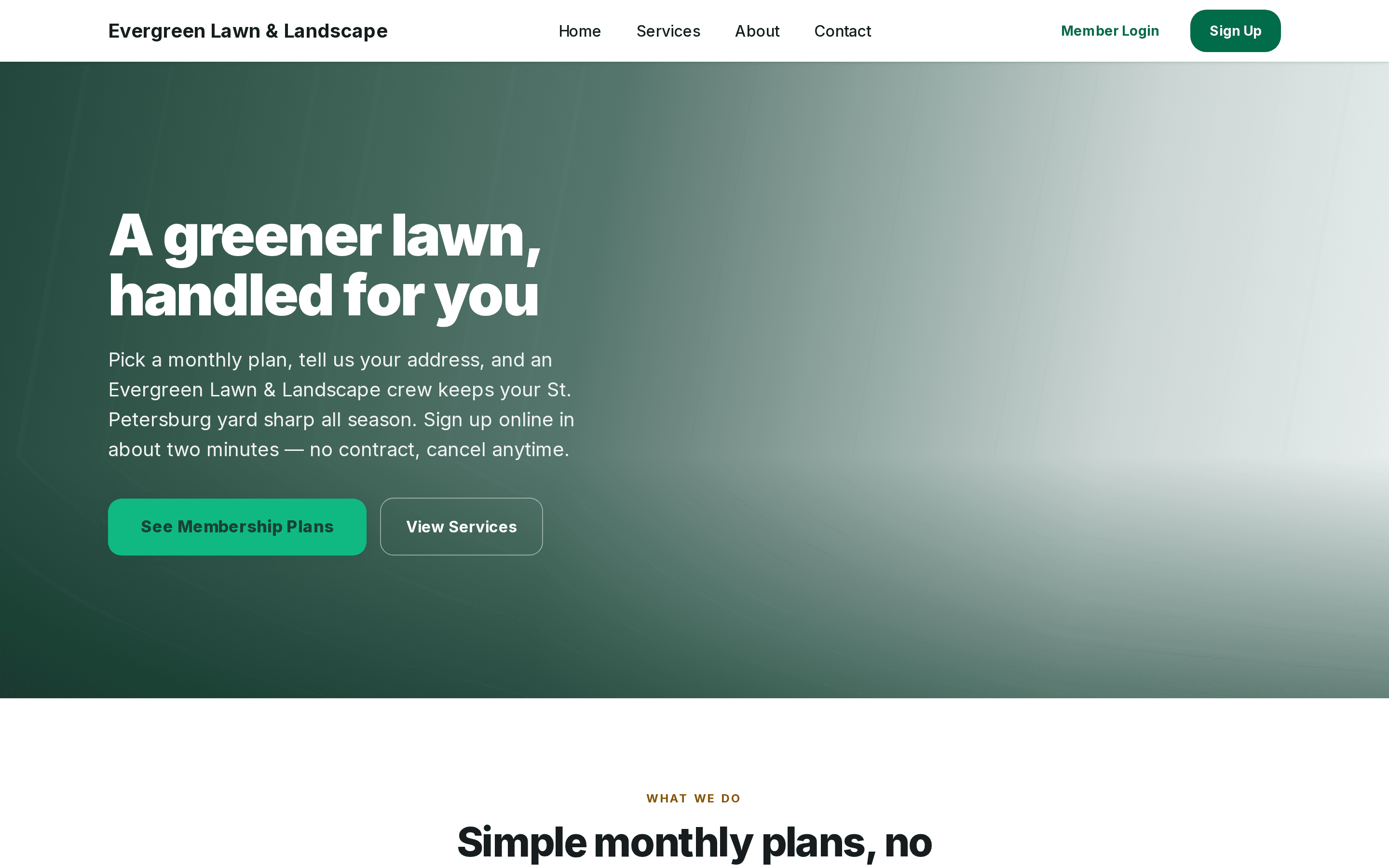 A published Ruunly tenant site showing the lawn care homepage with service plans, pricing, and an online sign-up button
