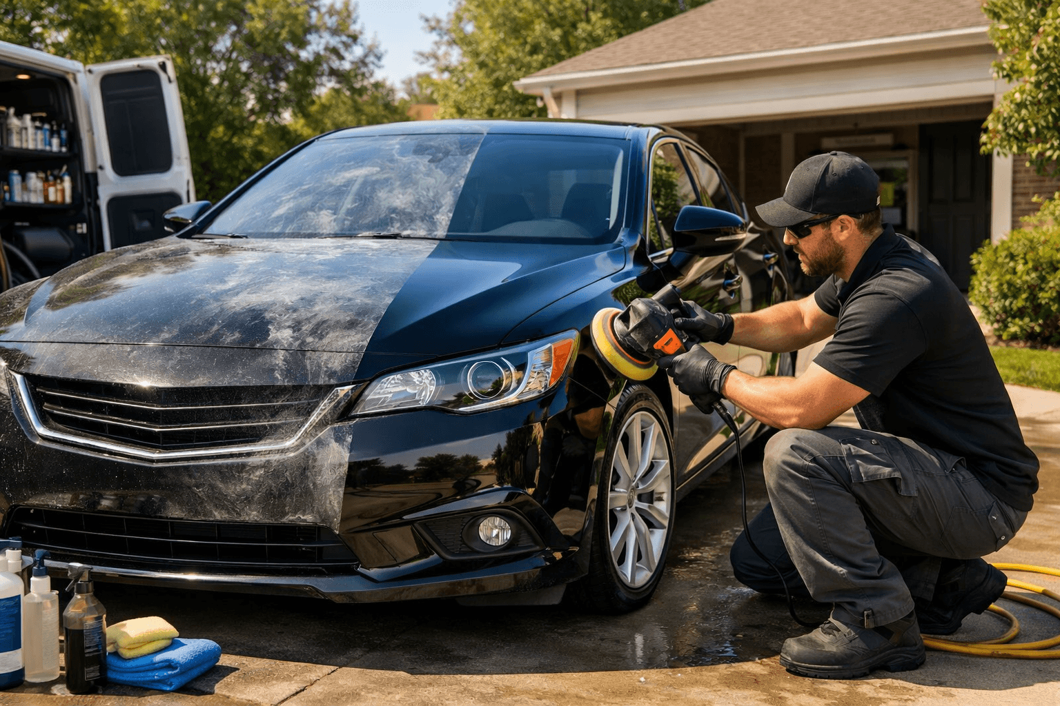 Professional car detailing website built with Ruunly showing wash plans, before/after gallery, and online booking