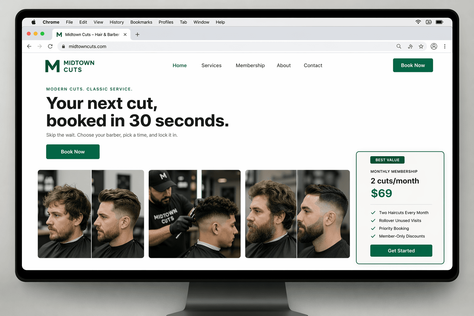 Professional hair salon website built with Ruunly showing online booking, membership plans, and stylist portfolio