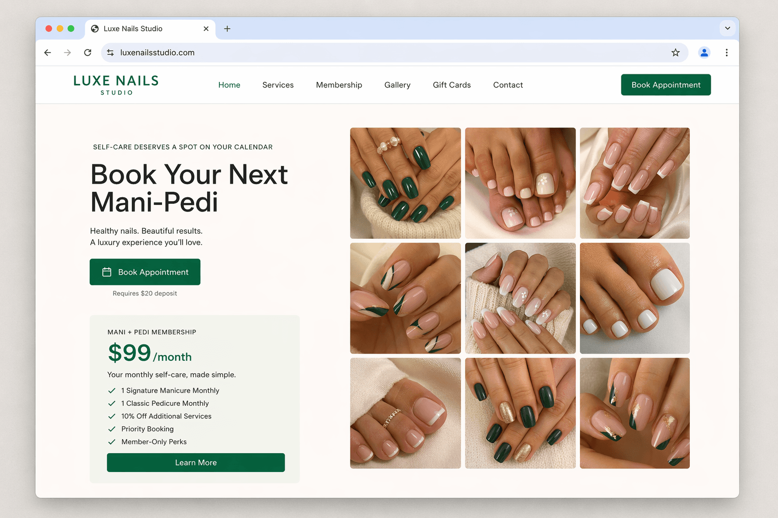 Professional nail salon website built with Ruunly showing online booking, mani-pedi membership plans, and nail art gallery
