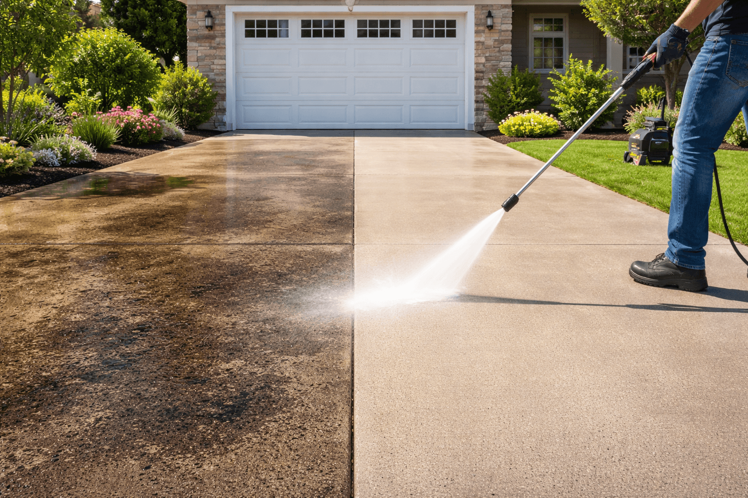 Professional pressure washing website built with Ruunly showing annual plans, before/after portfolio, and online booking